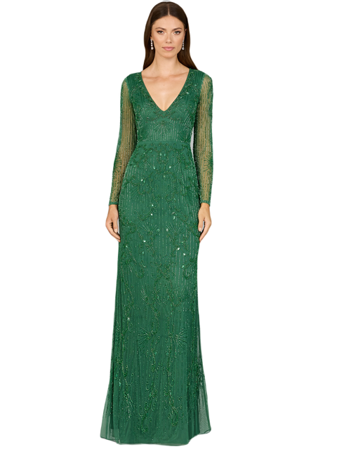 -Elegant Long Sleeve Beaded Gown