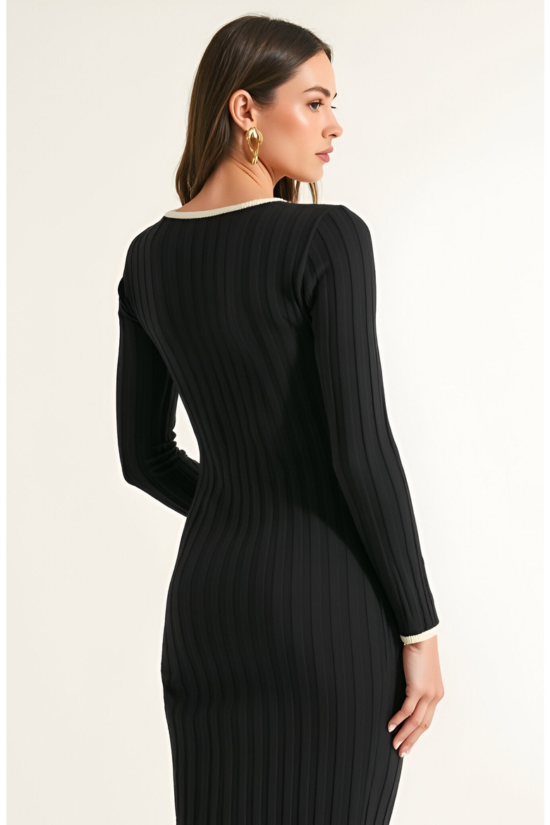 Ribbed Knit Long Sleeve Midi Dress with Contrast Trim and Side Slit, Alternate, color, Black / White