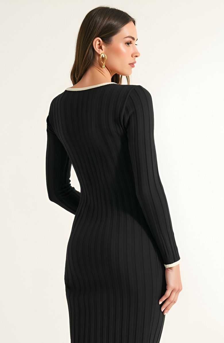 Modenaire Ribbed Knit Long Sleeve Midi Dress with Contrast Trim and Side Slit, Alternate, color, Black / White