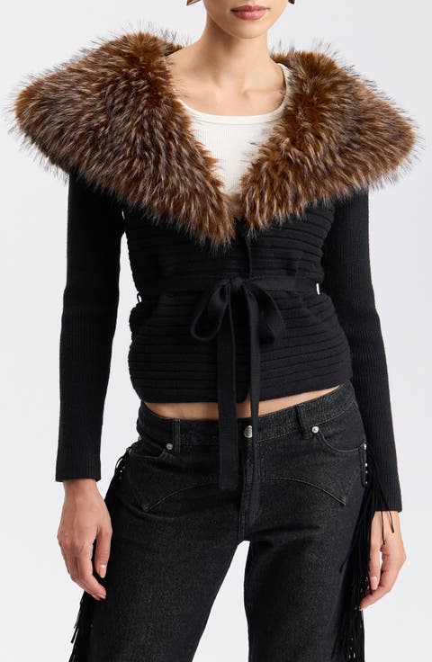 Faux Fur Collar Ribbed Cardigan