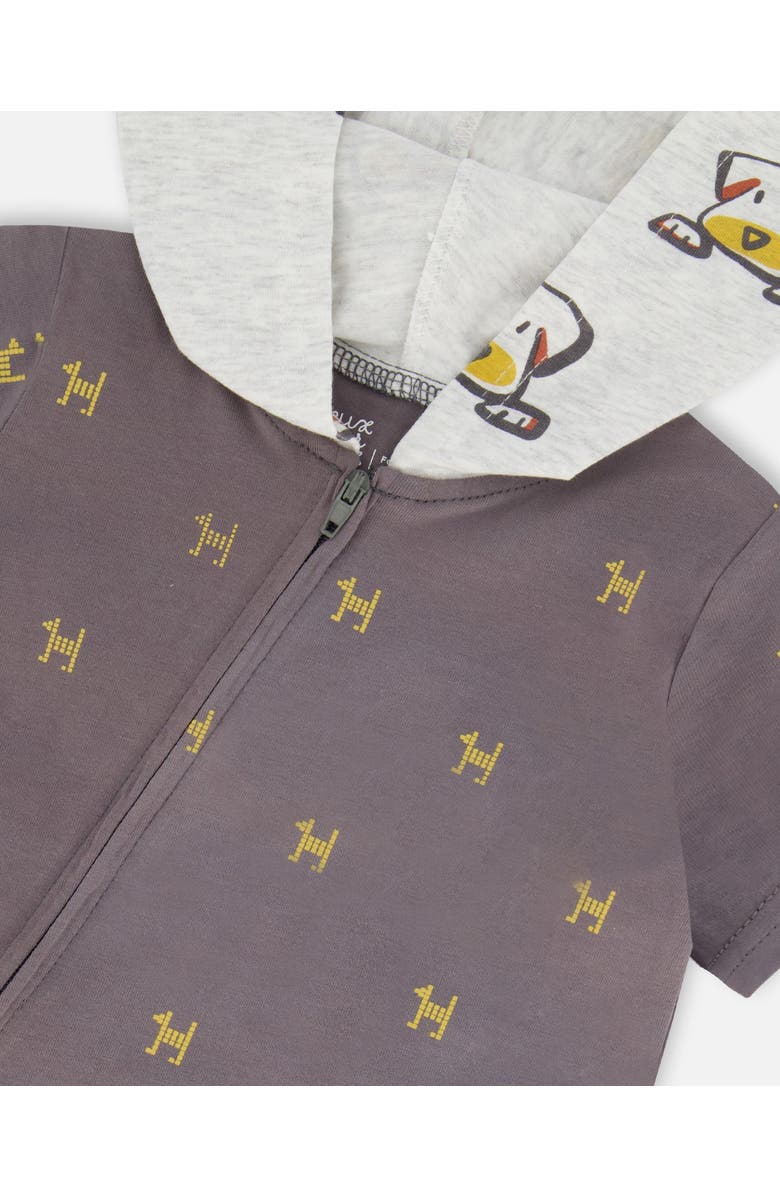 Deux par Deux Baby Boy's Organic Cotton Hooded Romper Dark Grey With Printed Pixel Dog, Alternate, color,