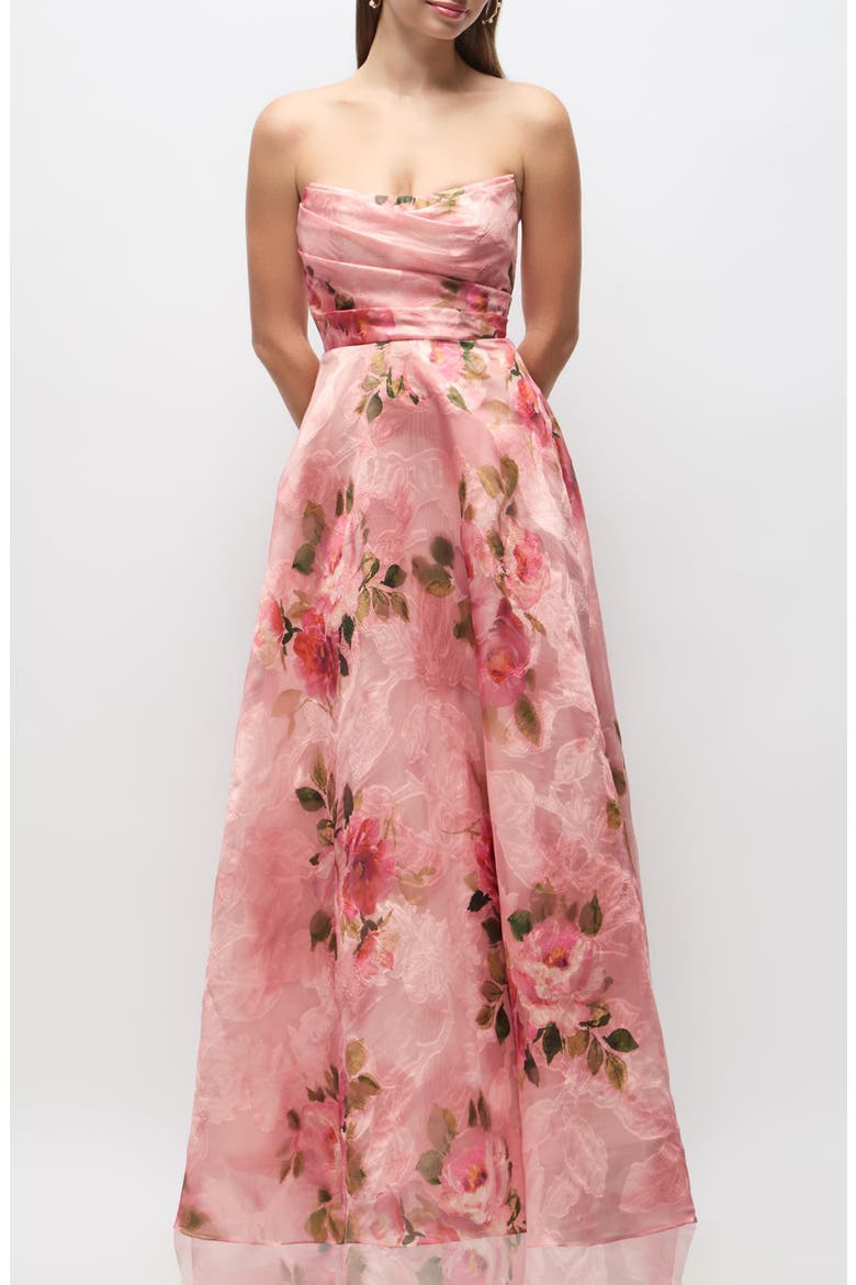 Alden Floral Jacquard Strapless Organza Gown, Main, color, GUAVA FLORAL PRINT