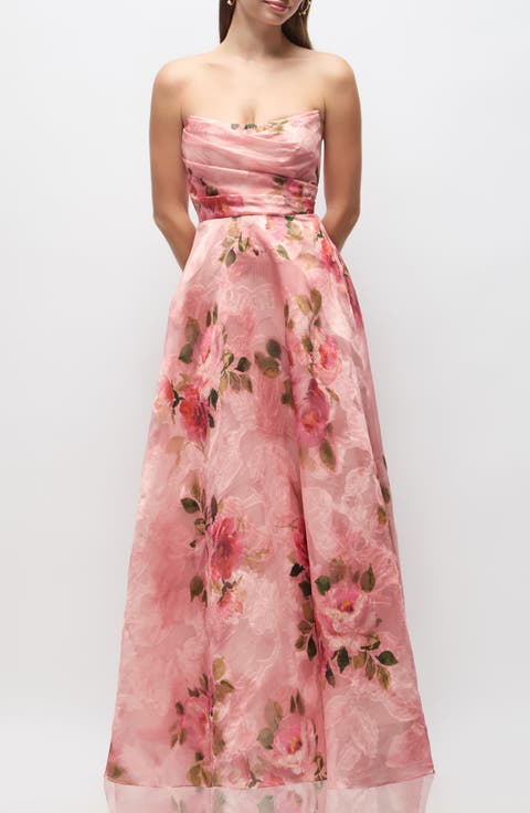 Alden Floral Jacquard Strapless Organza Gown
