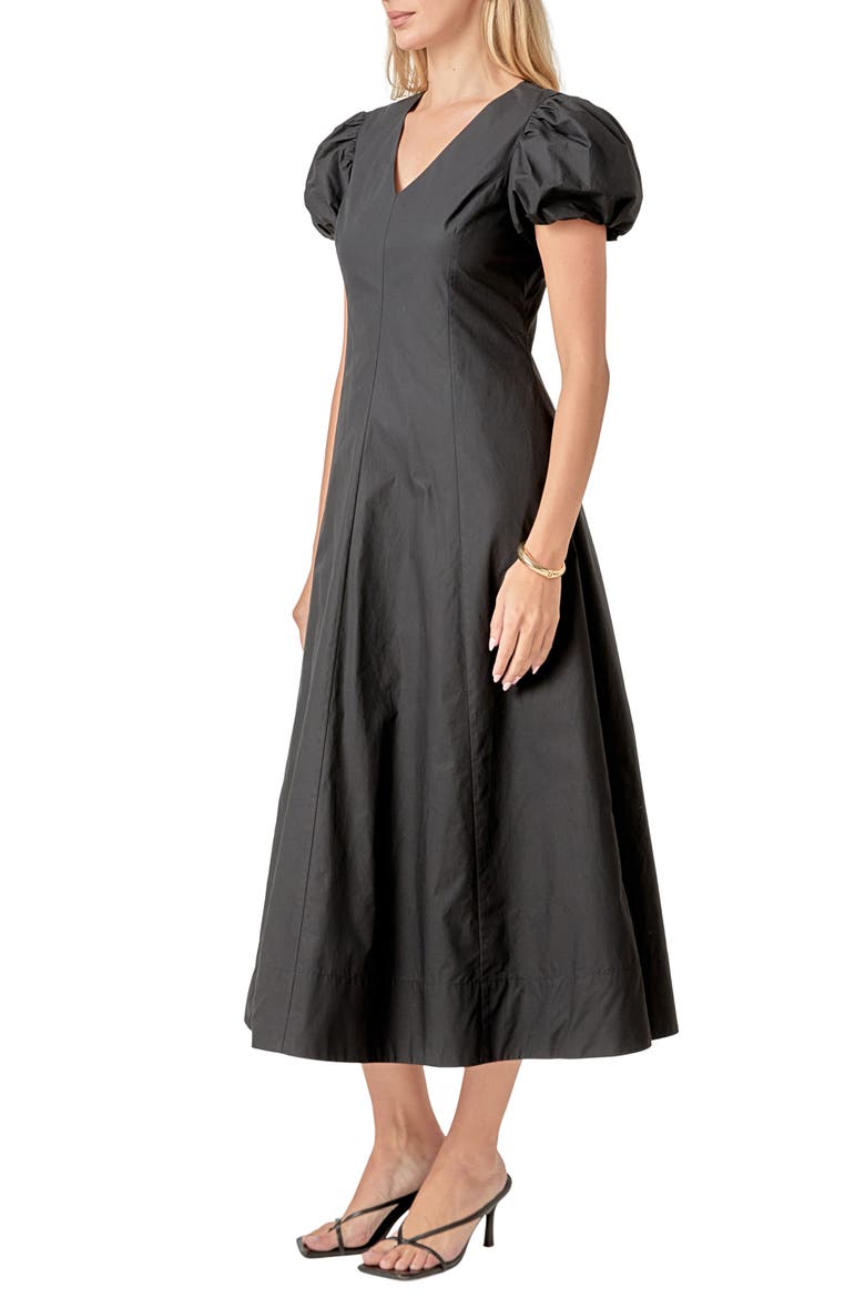 Puff Sleeve Fit & Flare Cotton Midi Dress, Alternate, color, BLACK
