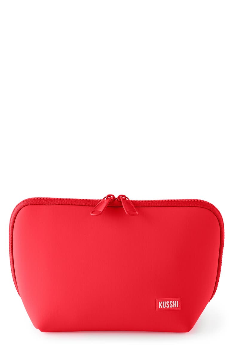 Neoprene Makeup Bag, Main, color, CORAL RED/ PERIWINKLE