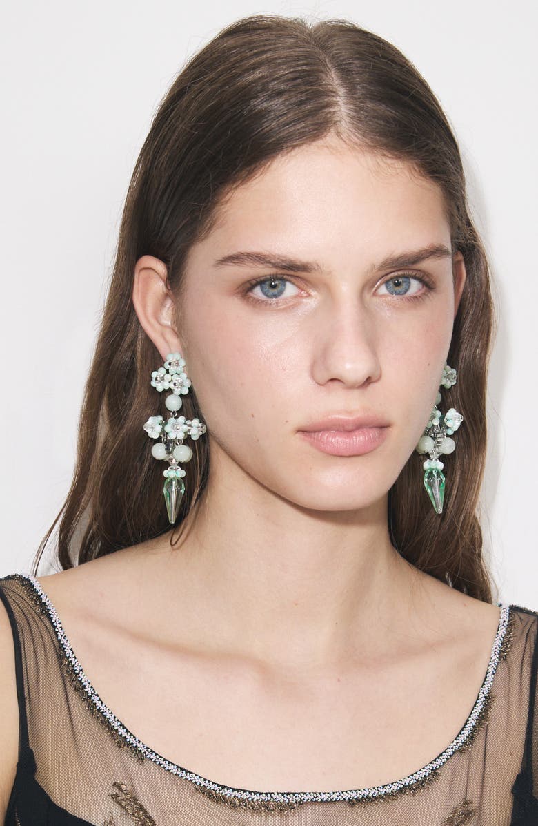 Tory Burch Curiosity Beaded Linear Drop Earrings, Alternate, color, Tory Silver / Mint