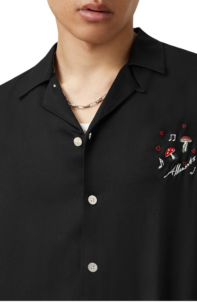 AllSaints Fungi Embroidered Camp Shirt, Alternate, color, Jet Black