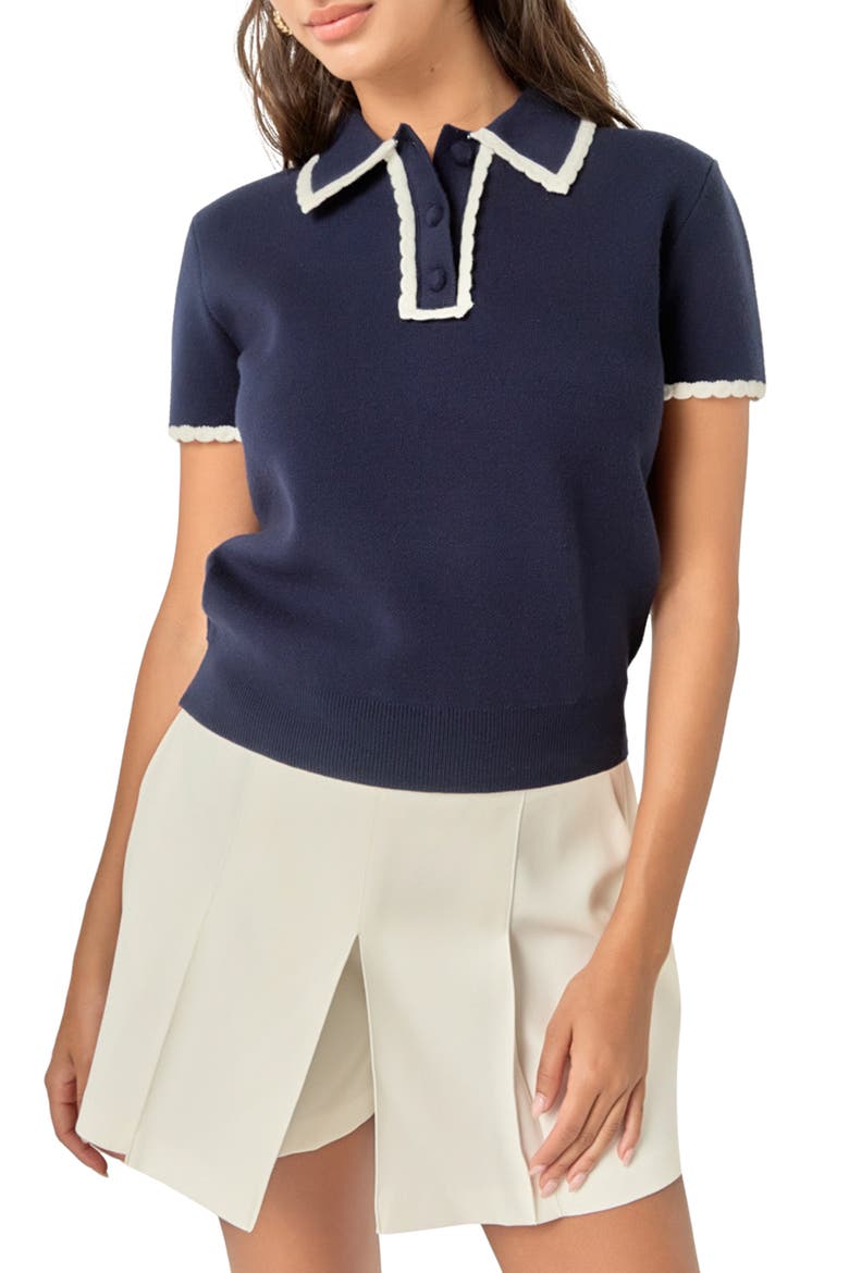 Scalloped Trim Sweater Polo, Main, color, NAVY/ WHITE