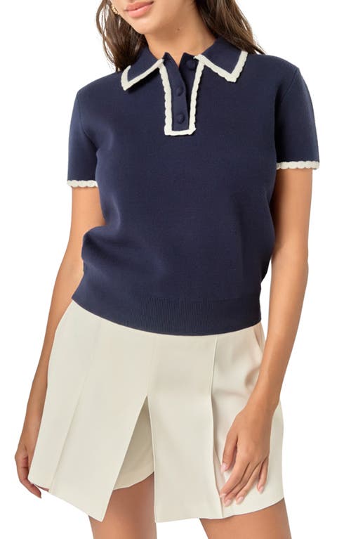 English Factory Scalloped Trim Sweater Polo in Navy/white at Nordstrom, Size X-Small