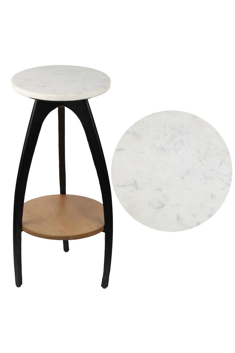 Ollie Modern 2-Tier Round Drink Table, Faux Marble Top, Wood Shelf Metal Arch Legs, Accent End Table, Main, color, Black/Natural/White