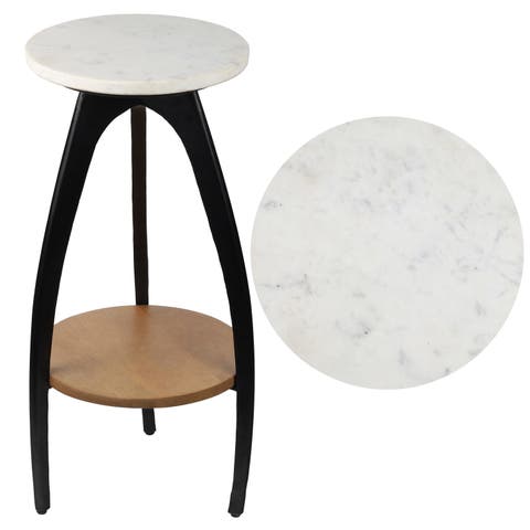 Ollie 24.5" Designer Farmhouse Metal Tripod Drink Table and Decorative End Table with White Marble Round Top and Wood Undershelf