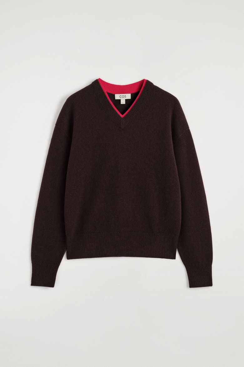 Merino Wool Layered V-Neck Sweater, Alternate, color, BROWN / RED