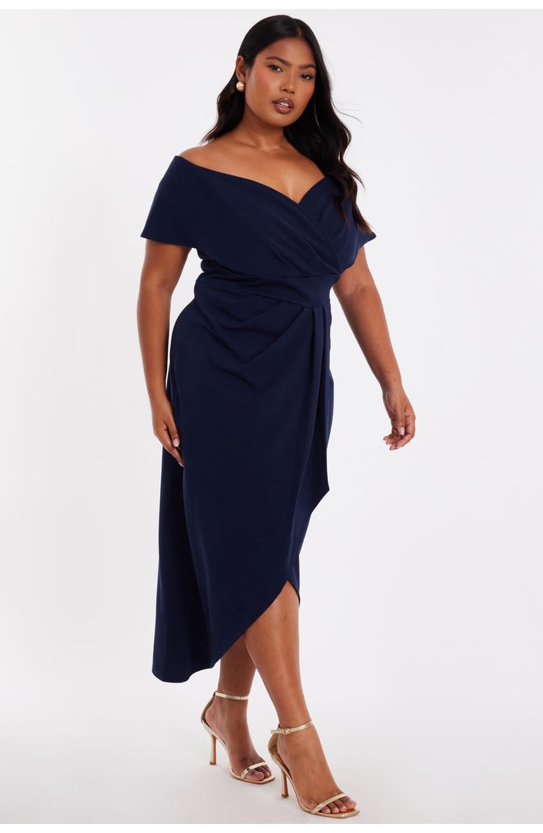 QUIZ Plus Size Scuba Crepe Bardot Wrap Midi Dress, Alternate, color, Navy