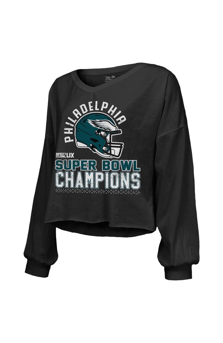 Majestic Threads Women's Majestic Threads Black Philadelphia Eagles Super Bowl LIX Champions Hard Count Off Shoulder V-Neck Long Sleeve T-Shirt, Alternate, color,