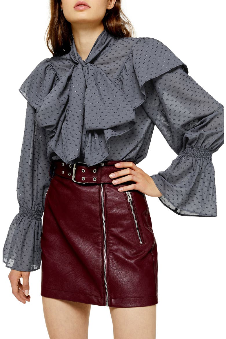 Tie Neck Dobby Blouse, Main, color, GUNMETAL