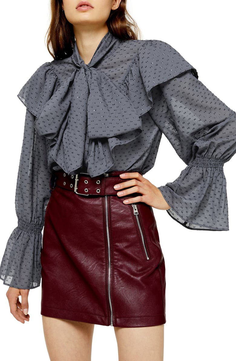 Topshop Tie Neck Dobby Blouse, Main, color, 