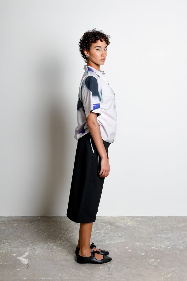 Ties Adjustable Short Sleeve Button-Down Top, Alternate, color, Shadow Iris Ivory