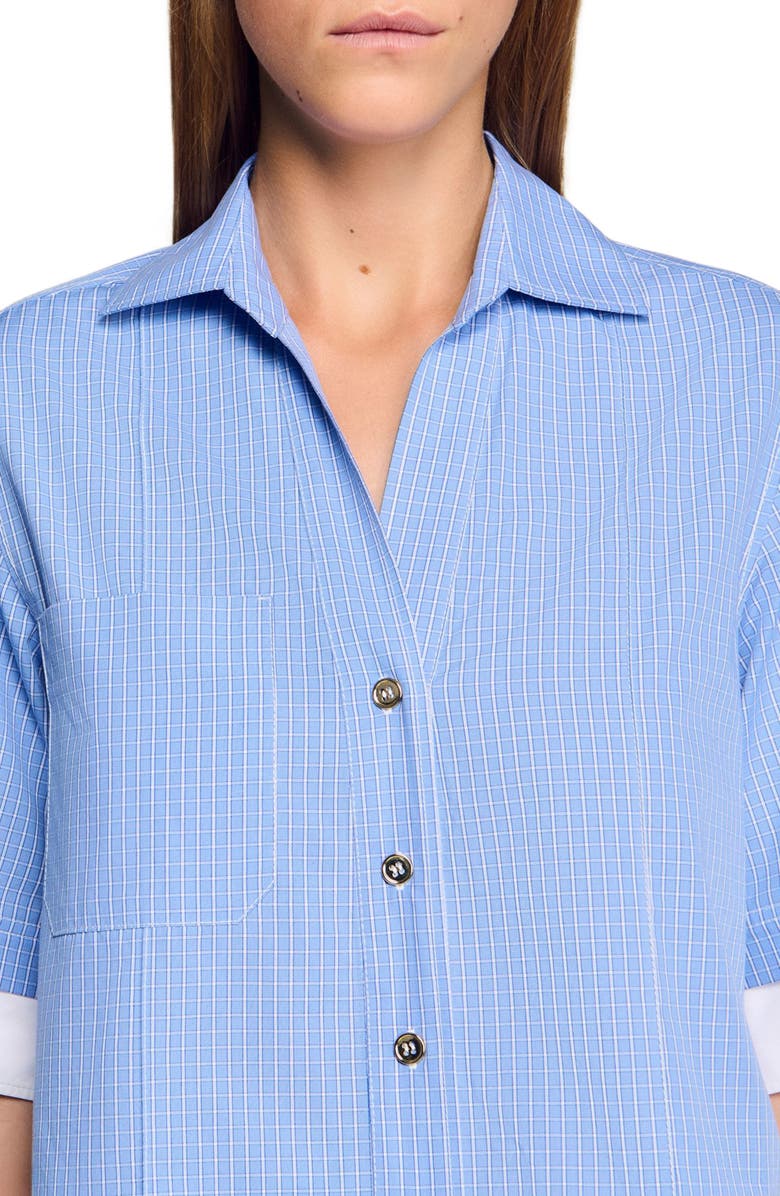 SANDRO Cropped small-check shirt, Alternate, color, Ciel / Blanc