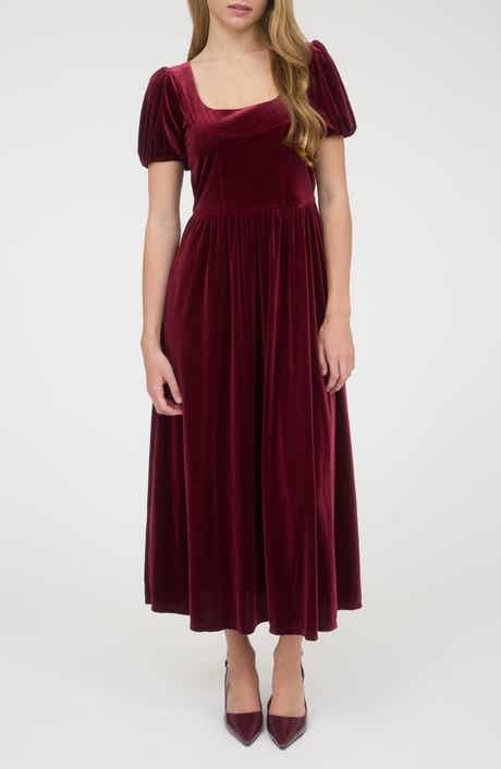 AUGUST SKY Puff Sleeve Velvet Fit & Flare Midi Dress