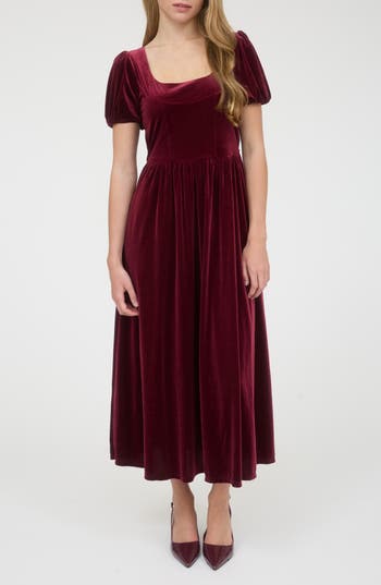 August Sky Puff Sleeve Velvet Fit & Flare Midi Dress In Burgundy