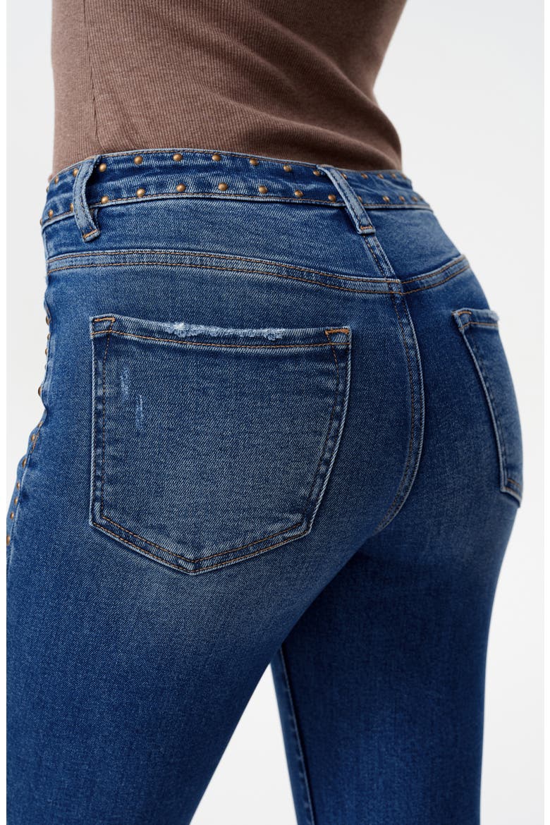 Rivet Studded High Waist Raw Hem Bootcut Jeans, Alternate, color, MEDIUM BLUE