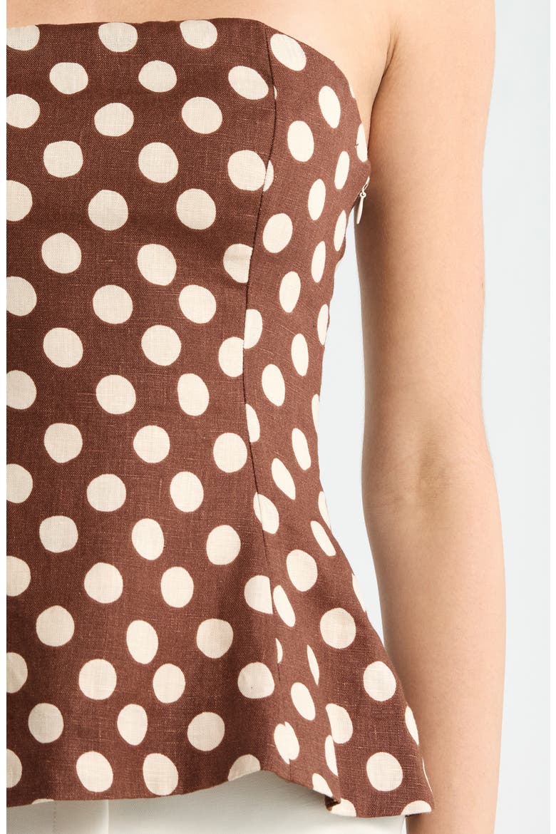 Petro Polka Dot Strapless Linen Peplum Top, Alternate, color, CIOCCOLATO DOT