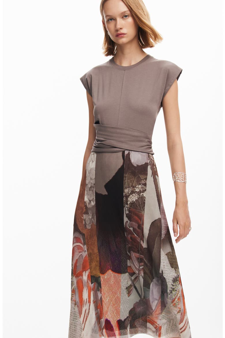 Mixed Media T-Shirt Midi Dress, Alternate, color, BROWN