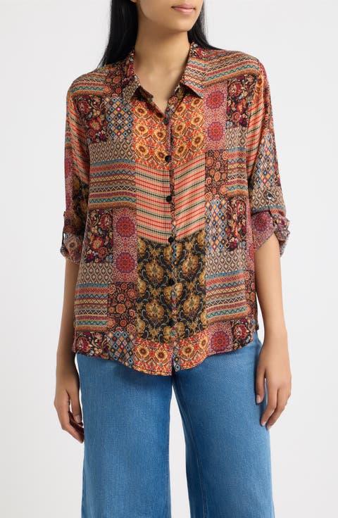 Print Button-Up Shirt with Roll-Tab Sleeves