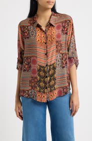 APNY Print Button-Up Shirt with Roll-Tab Sleeves
