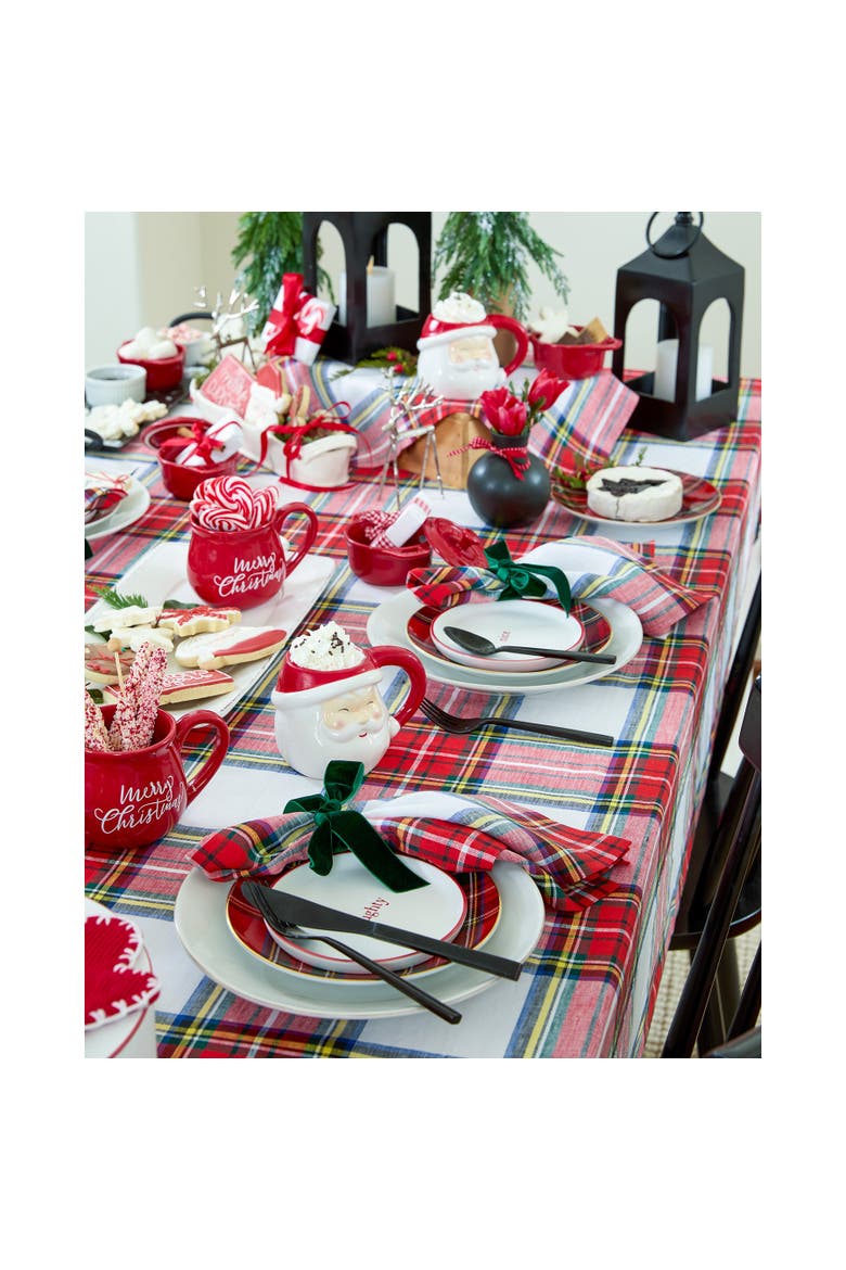 Linen Table Throw 52 x 52 Inch - Stewart Plaid, Alternate, color, White