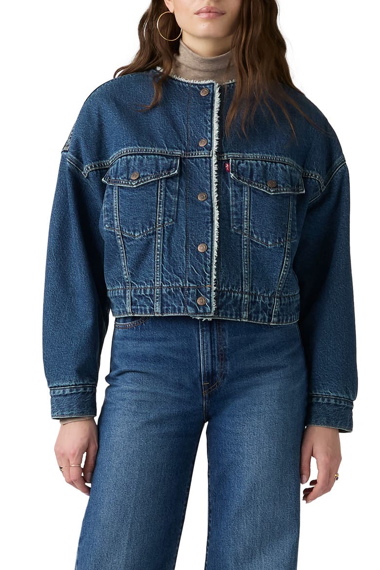 Collarless Fleece Lined Crop Denim Trucker Jacket, Main, color, ROGUE RUMOR
