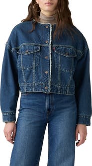 Levi's Collarless Fleece Lined Crop Denim Trucker Jacket