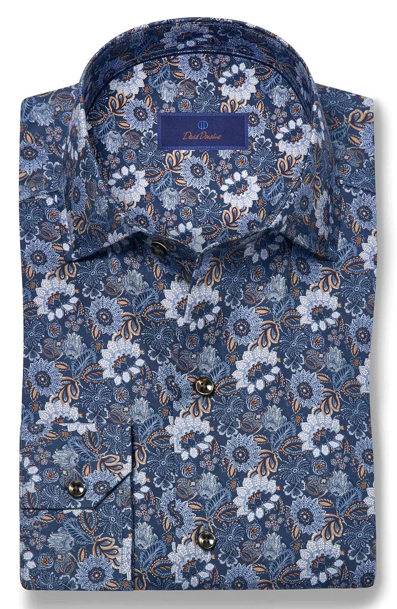 David Donahue Floral Cotton Button-Up Shirt, Alternate, color, Navy/ Brown