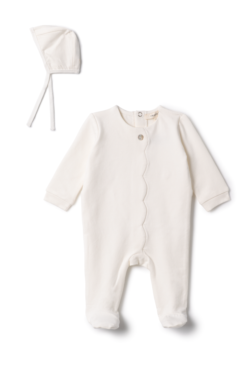Fragile Cotton Scallop Romper with Bonnet, Main, color, Off White