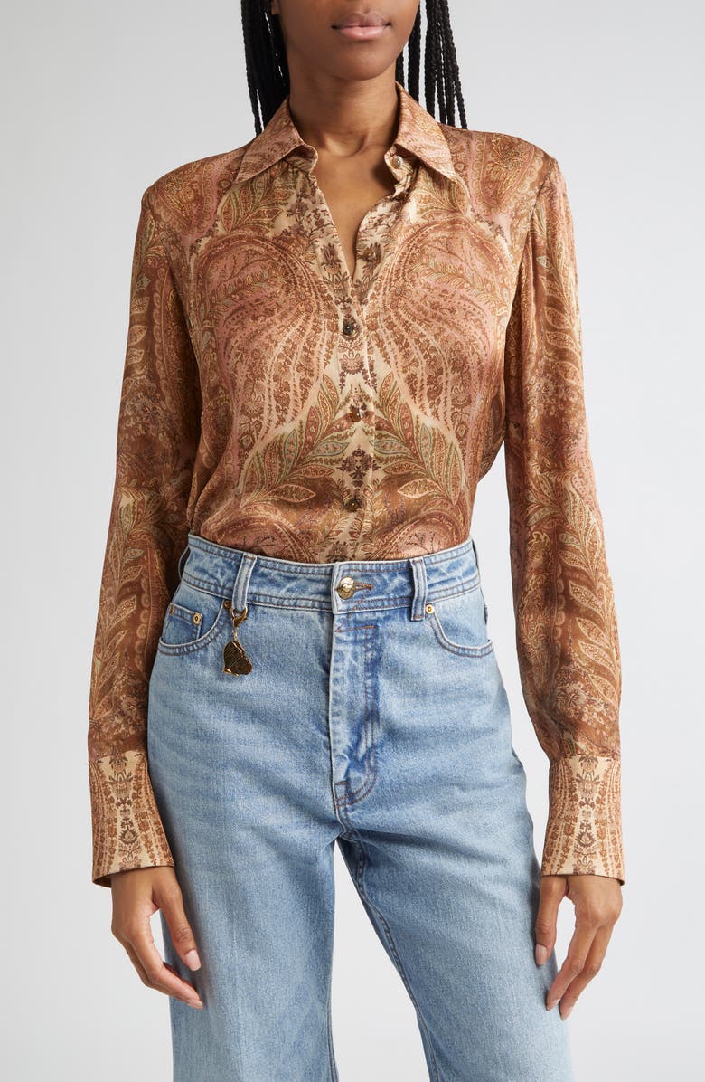 Zimmermann Hypnotic Silk Button-Up Shirt, Main, color, Cream Paisley
