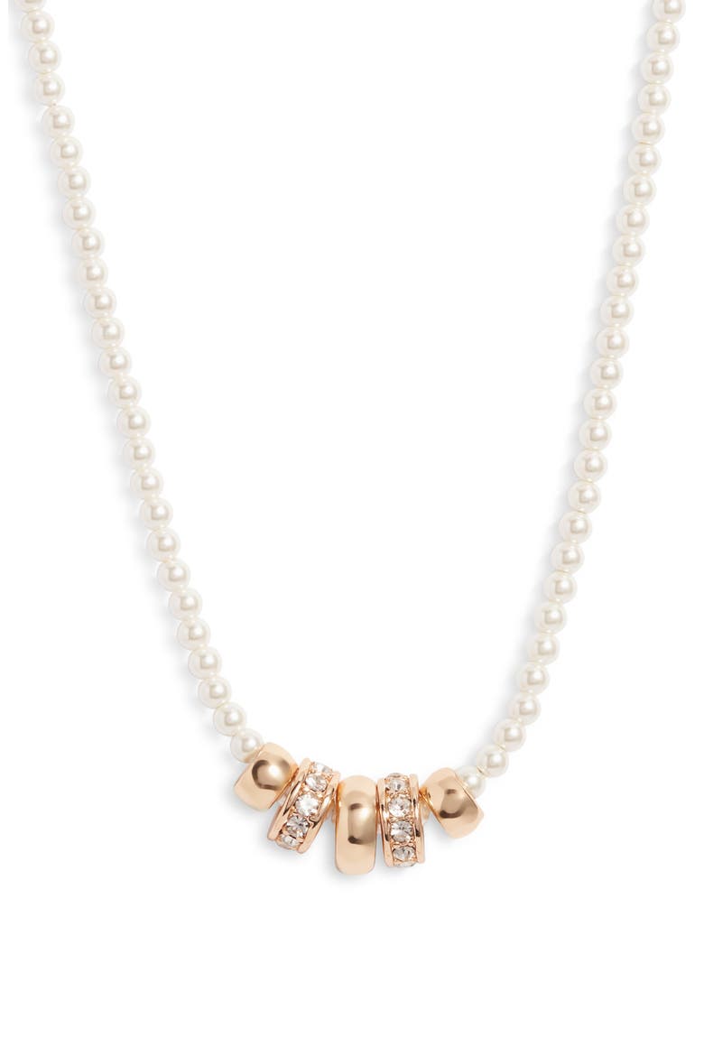 Imitation Pearl and Crystal Rondelle Strand Necklace, Main, color, CLEAR- WHITE- GOLD