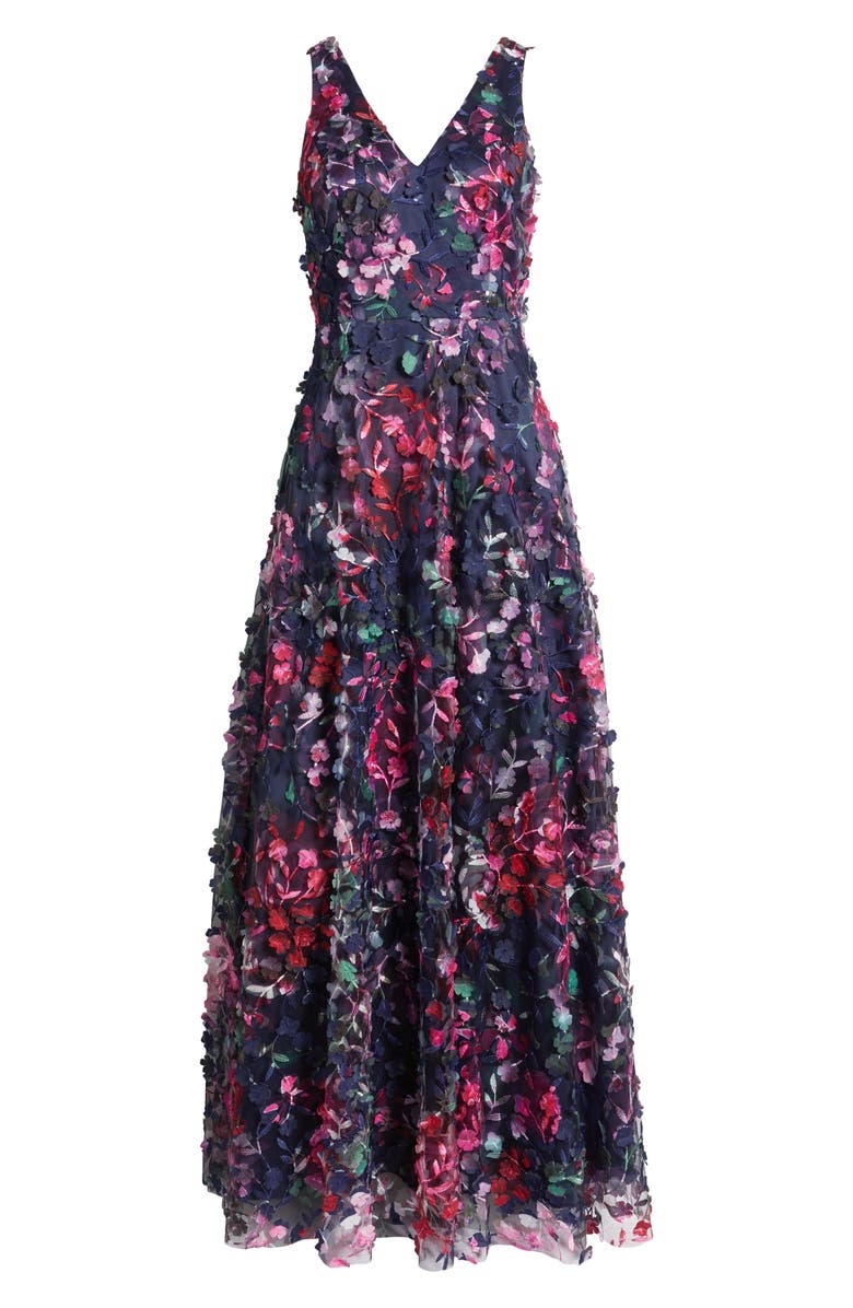 Eliza J Floral Appliqué Sleeveless A-Line Gown, Alternate, color, Navy Multi