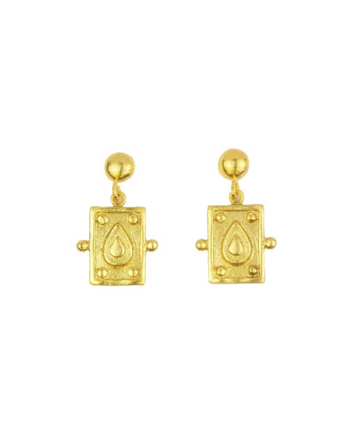 Ottoman Hands Tyche Engraved Drop Stud Earrings In Gold