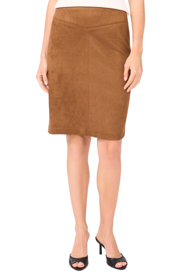 Waistband Seam Detail Faux Suede Midi Skirt, Main, color, RICH COGNAC