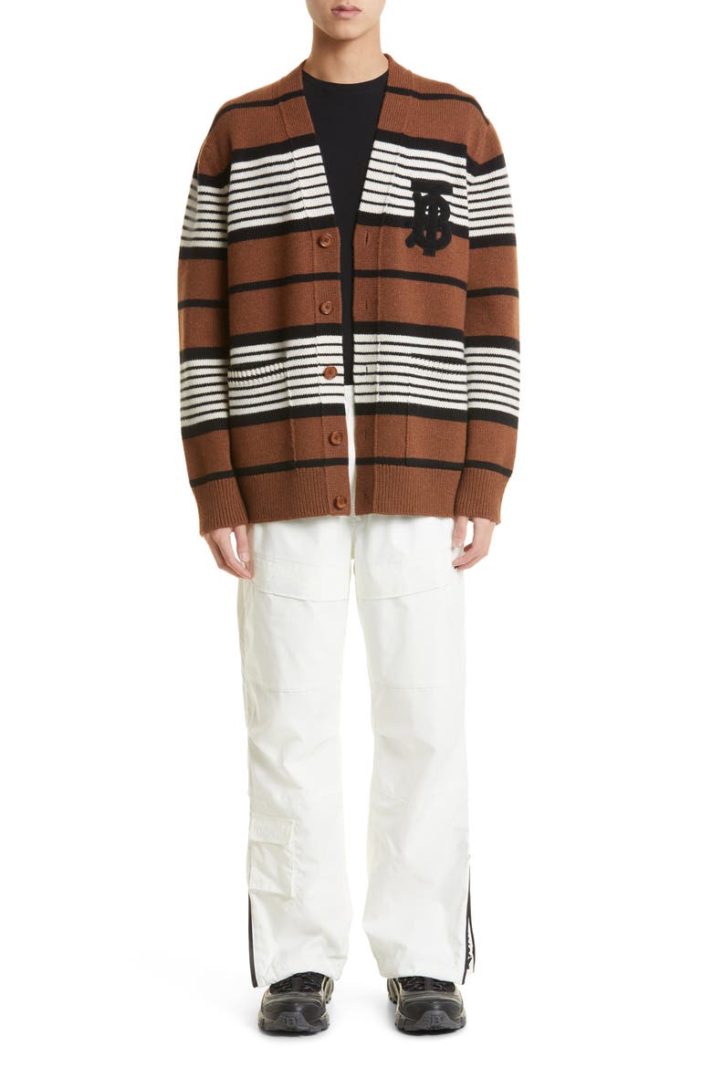 Icon Stripe Monogram Logo Patch Wool & Cashmere Cardigan, Alternate, color, DARK BIRCH BROWN