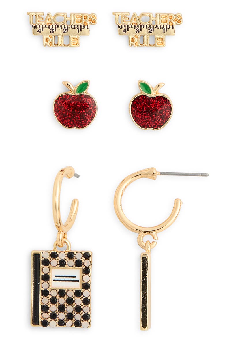 BaubleBar Set of 3 Teachers Rule Earrings, Main, color, Red Multi