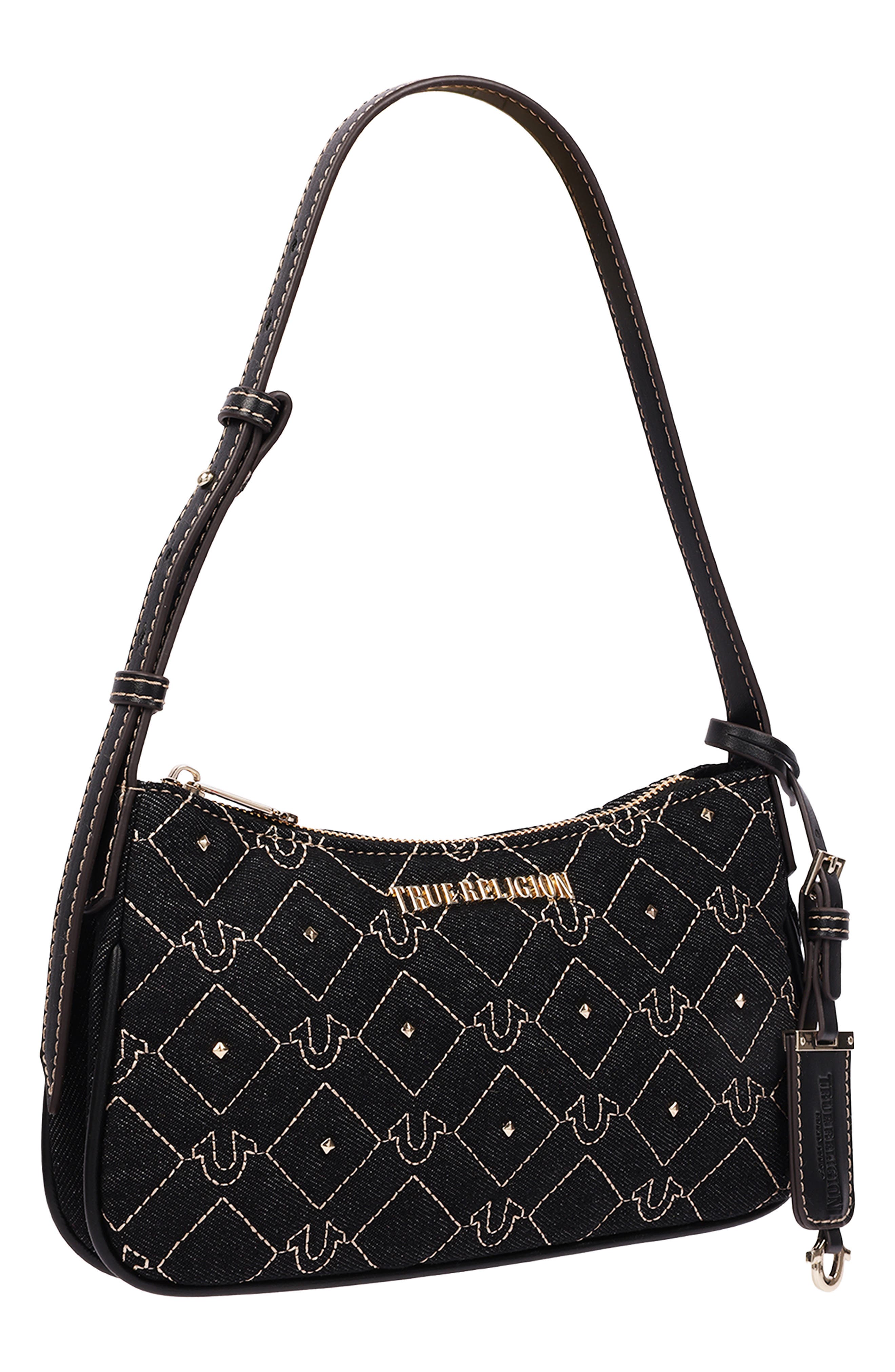 Studded Denim Shoulder Bag, Alternate, color, BLACK
