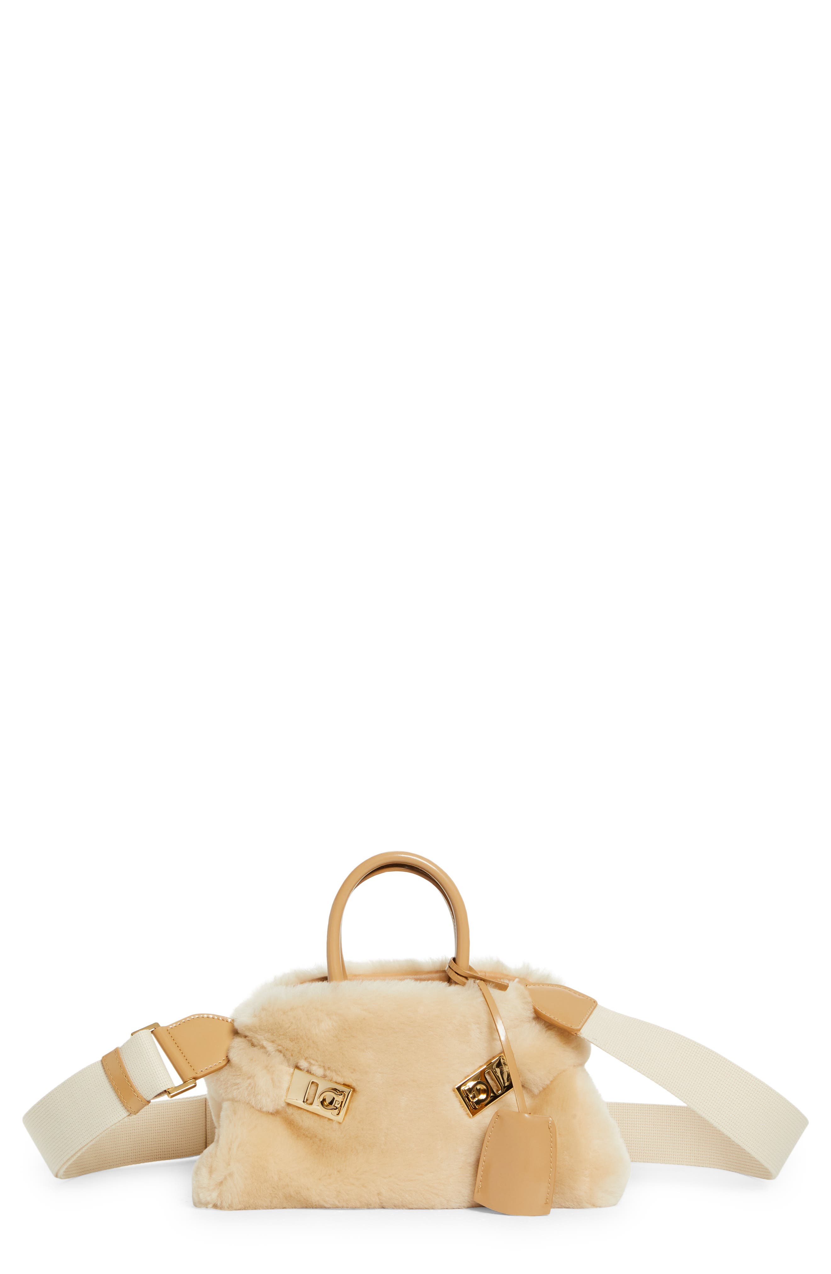 FERRAGAMO Mini Hug Genuine Shearling Top Handle Bag, Main, color, Naturale/ Camel