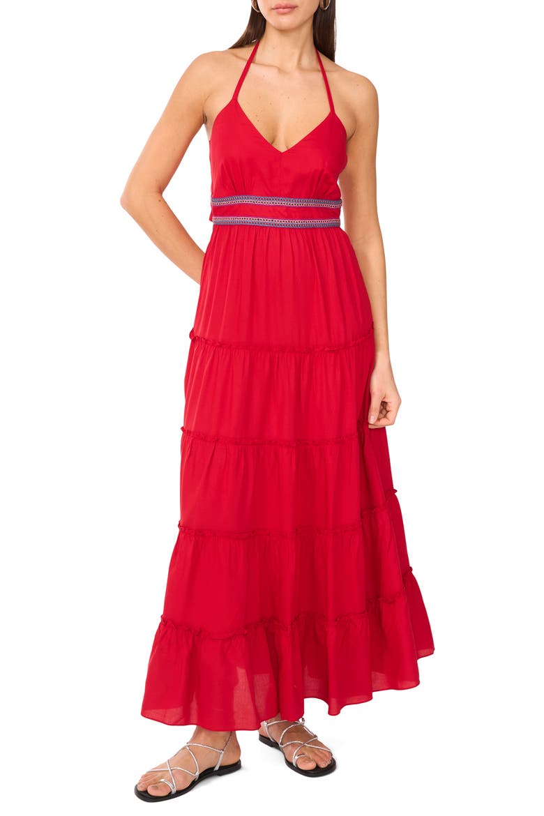 Halter Neck Tiered Maxi Dress, Main, color, RADIANT RED
