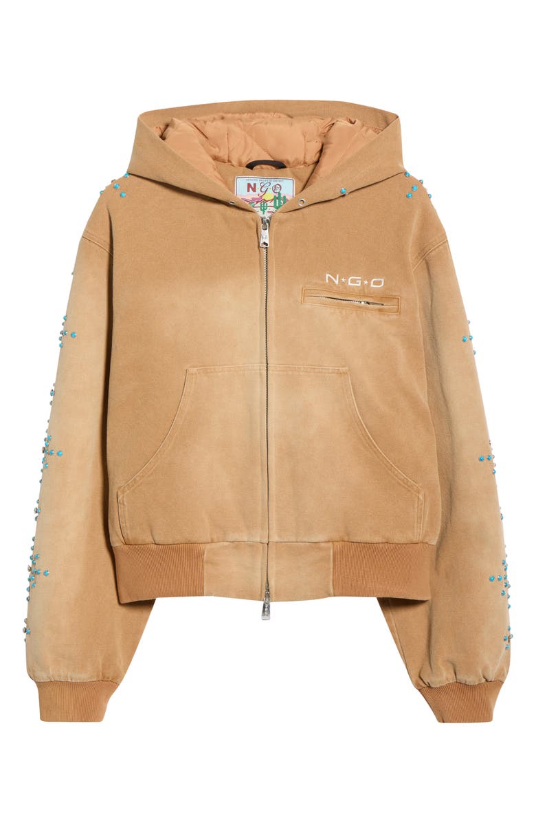 N.G.O. Turquoise Studded Cotton Canvas Hooded Jacket, Main, color, Light Brown