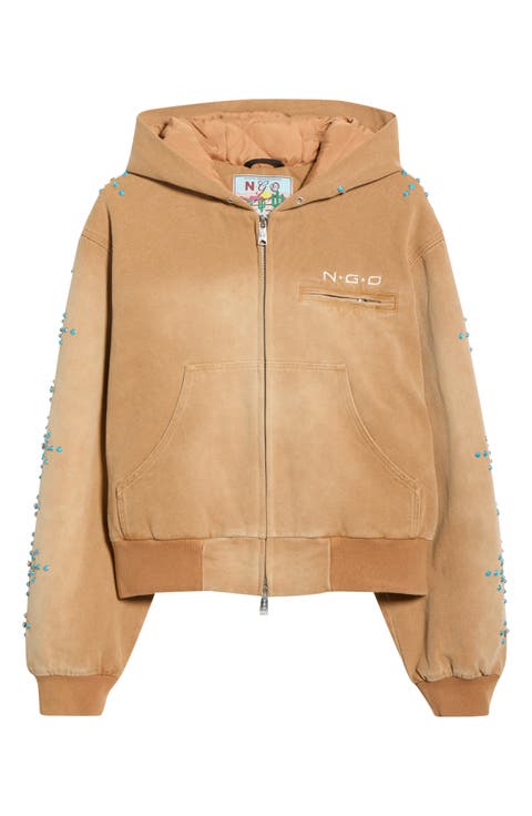 Turquoise Studded Cotton Canvas Hooded Jacket