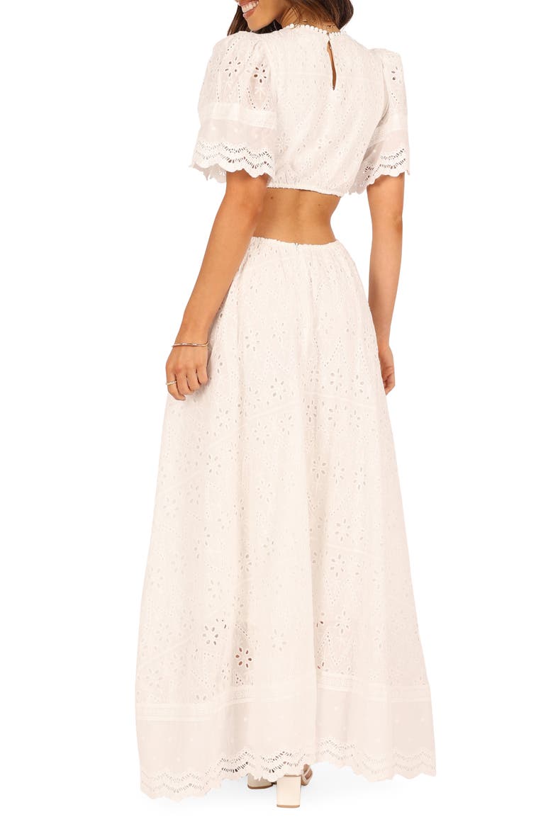 Merletto Short Sleeve Cutout Eyelet Maxi Dress, Alternate, color, WHITE