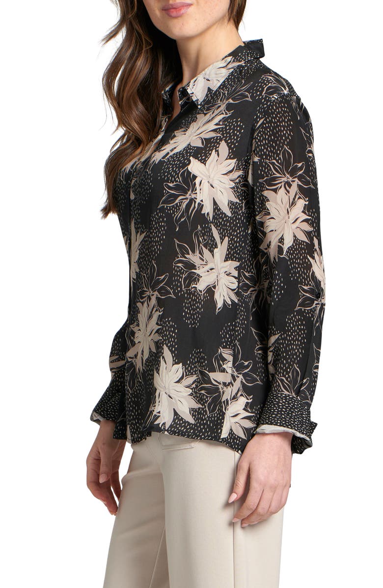 APNY Abstract Print Roll Tab Sleeve Chiffon Button-Up Shirt, Alternate, color, Black Floral Multi