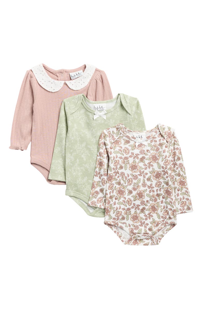 Nicole Miller Assorted 3-Pack Bodysuits, Main, color, Birch