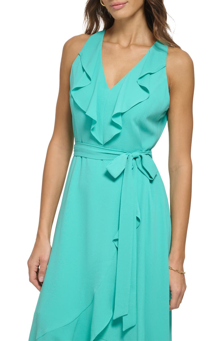 Kensie Ruffle Trim Faux Wrap Dress, Alternate, color, Aqua Spray